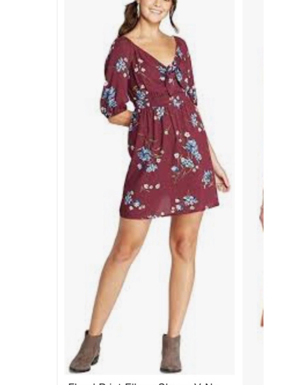 Women’s Floral Print V- Neck Short Dress - Burgundy